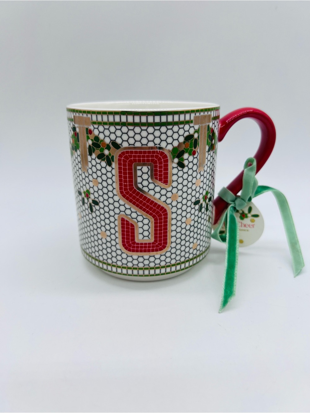 Anthropologie The Bistro Style Stoneware Red 'S' Monogram Holiday Ceramic Mug